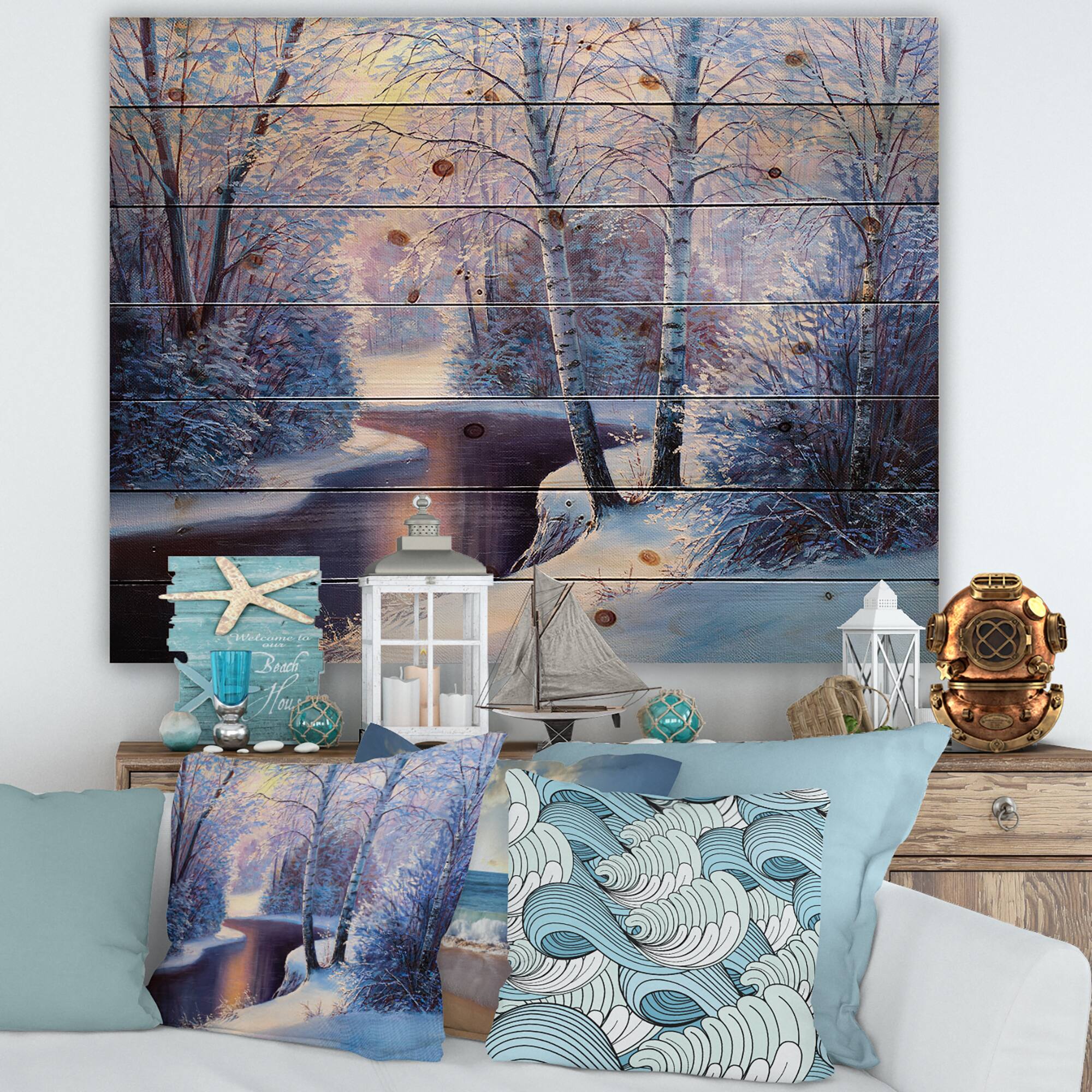Designart Christmas Forest with River & Trees I Print on Natural Pine Wood